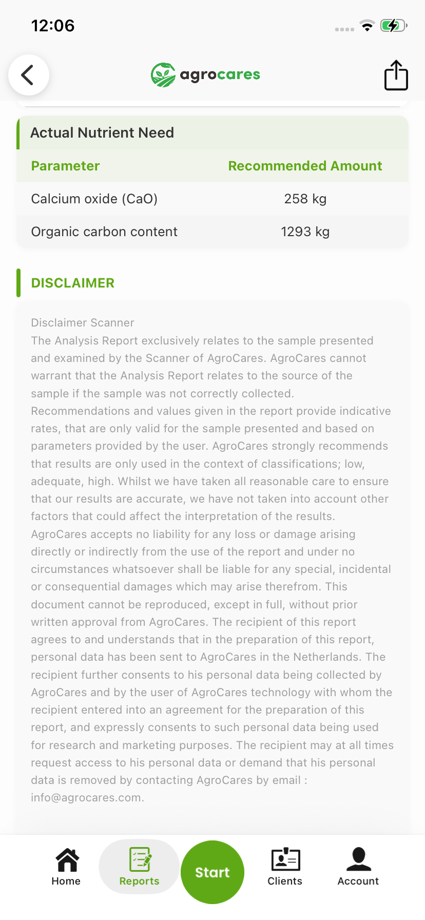 SoilCares Bronze actual nutrient need table and report disclaimer