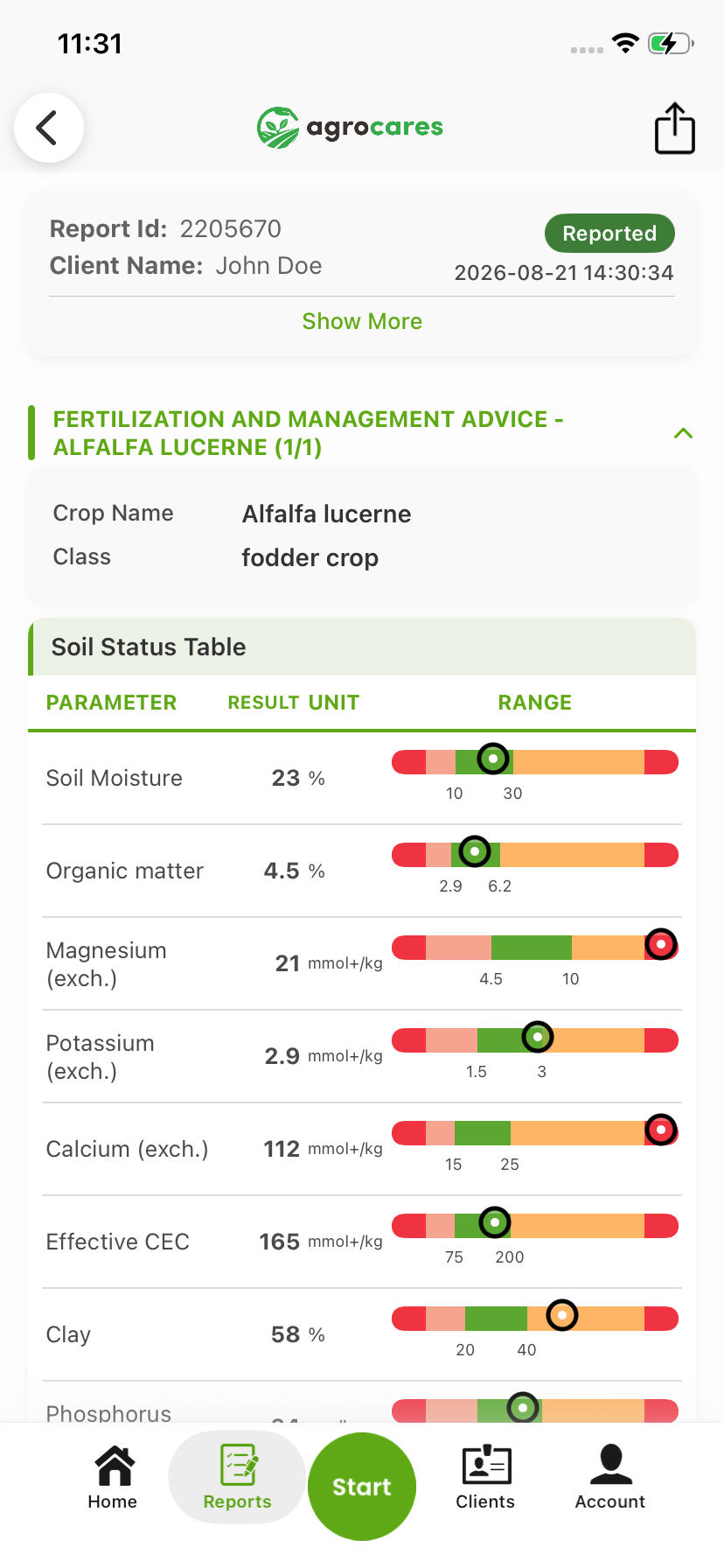 SoilCares Silver report in the AgroCares app: fertilisation advice header for alfalfa and the start of the soil status table