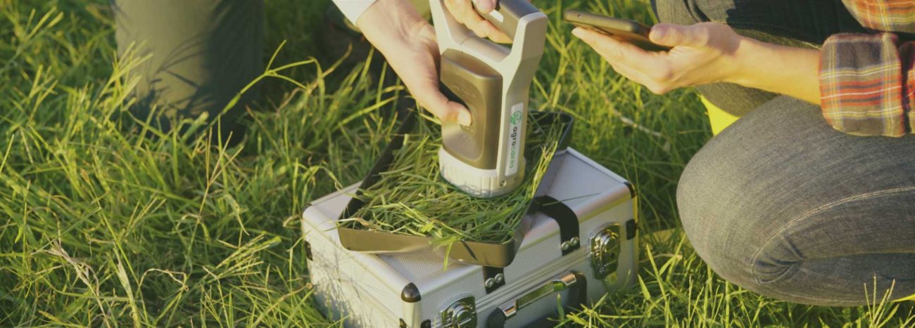 Hands holding the AgroCares scanner over a grass sample