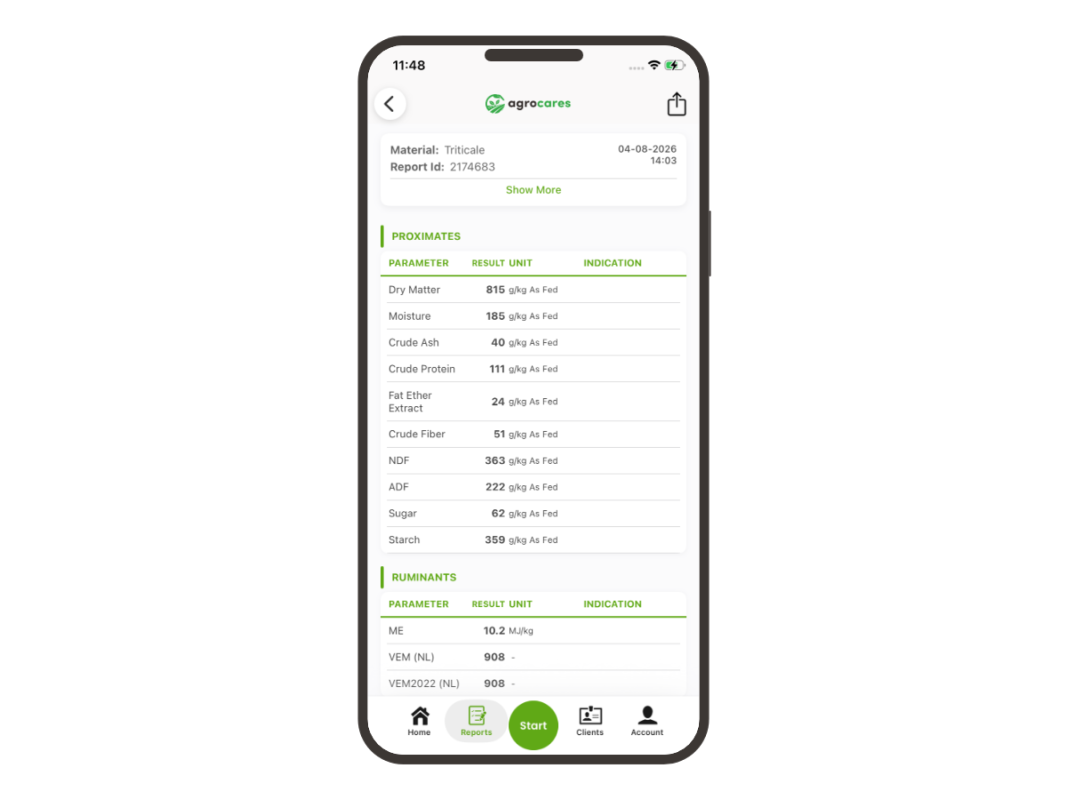 FeedCares Bronze report shown in the AgroCares Scanner Solutions app