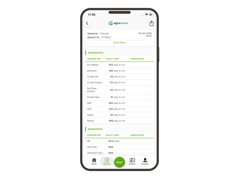 FeedCares Bronze report shown in the AgroCares Scanner Solutions app