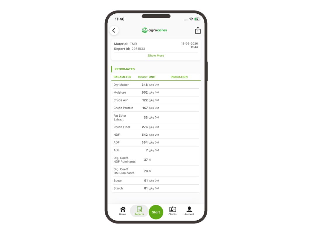 FeedCares Gold report shown in the AgroCares Scanner Solutions app