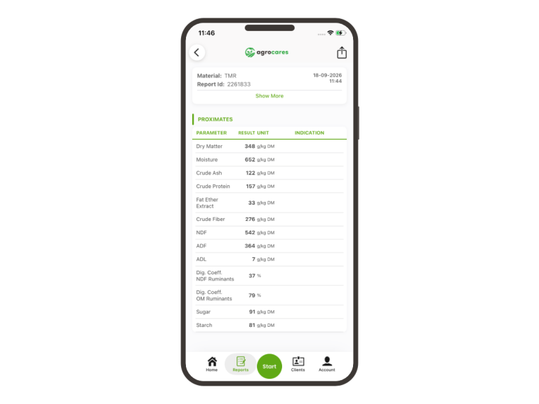FeedCares Gold report shown in the AgroCares Scanner Solutions app