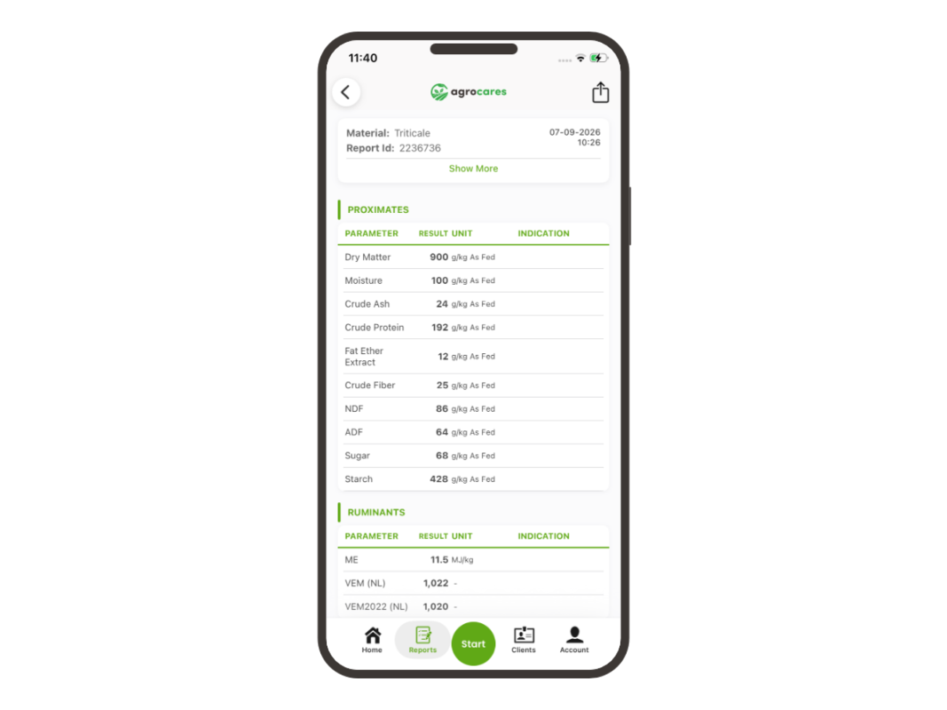 FeedCares Silver report shown in the AgroCares Scanner Solutions app