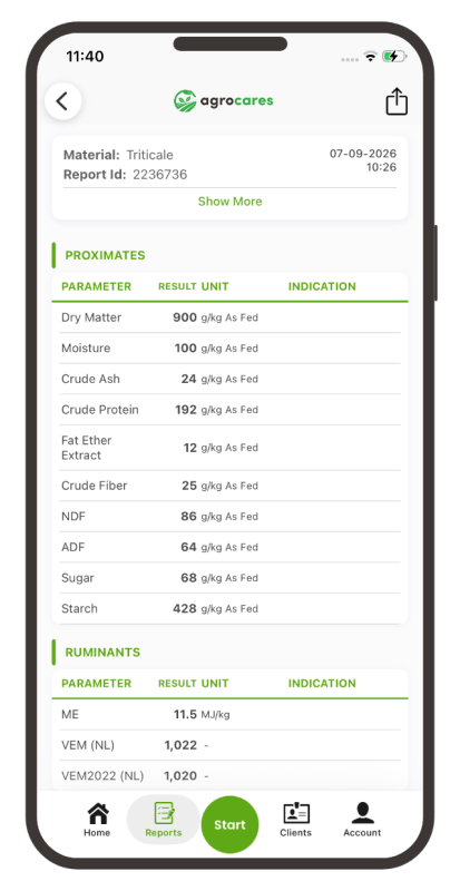 AgroCares Scanner Solutions app showing a feedcares-silver report