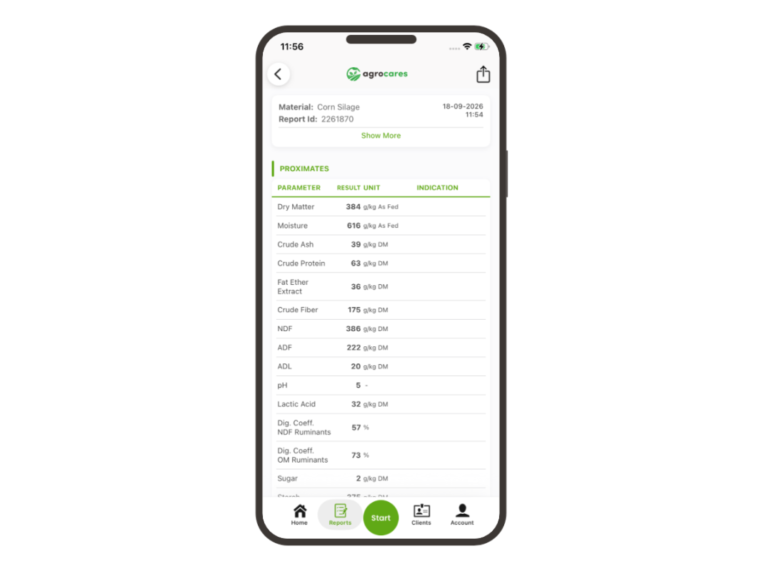 FeedCares Starter report shown in the AgroCares Scanner Solutions app