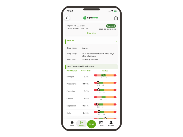 LeafCares Orchard report shown in the AgroCares Scanner Solutions app
