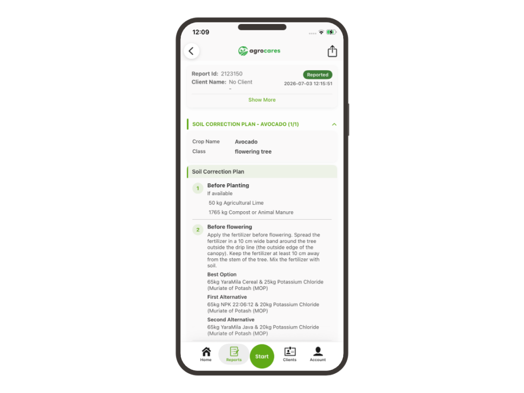 SoilCares Adviser report shown in the AgroCares Scanner Solutions app