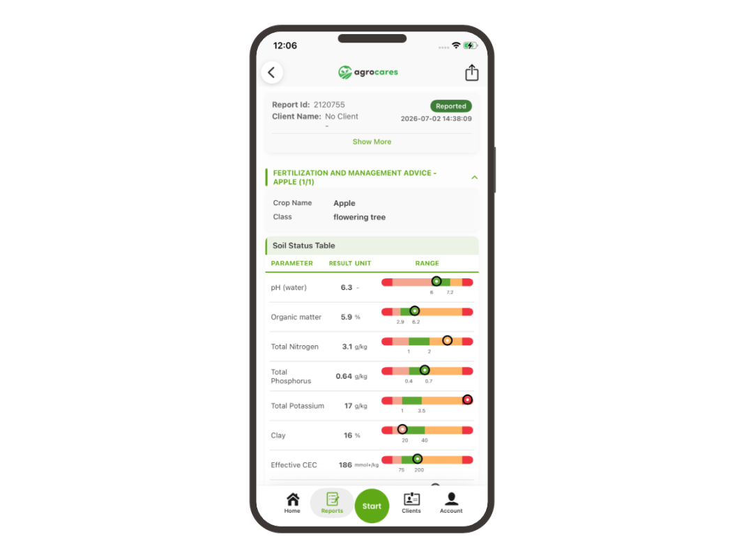 SoilCares Bronze report shown in the AgroCares Scanner Solutions app