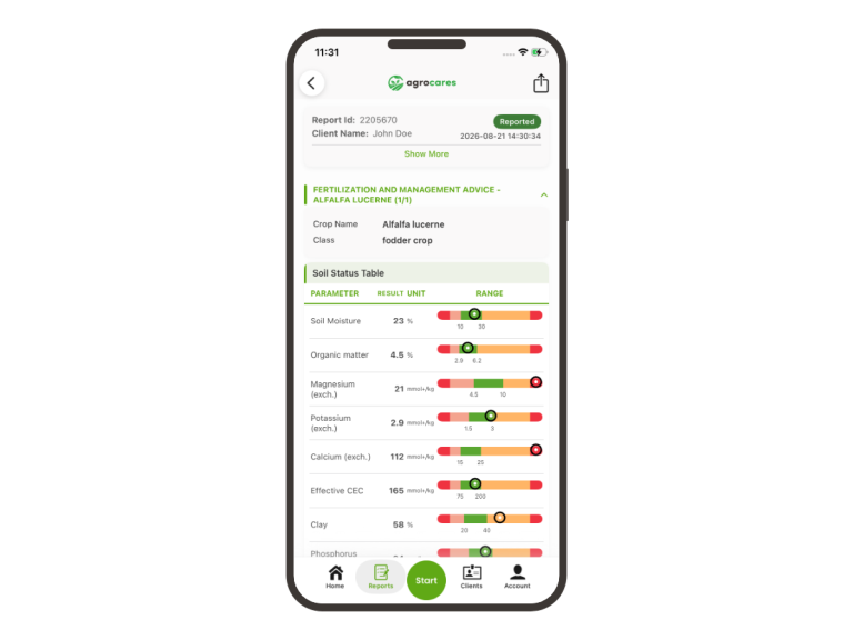 SoilCares Silver report shown in the AgroCares Scanner Solutions app