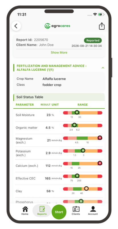 AgroCares Scanner Solutions app showing a soilcares-silver report